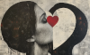 Odd AI image showing a woman with a long neck kissing a shadow