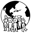 a black and white cartoon of people around a globe