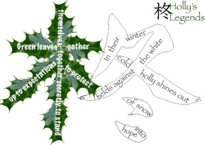 A green and black kanji of holly with the element tree picked out in holly leaves and the element winter in black outlines